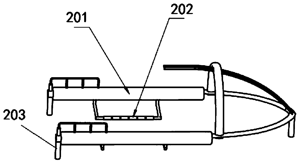 A deployment and recovery device for unmanned boats whose mother ship is a dock