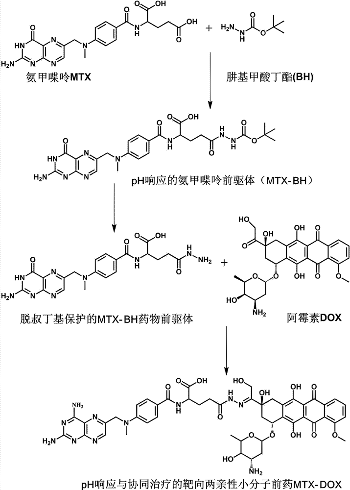 Preparation method of targeted small molecular prodrug for pH response and collaborative treatment