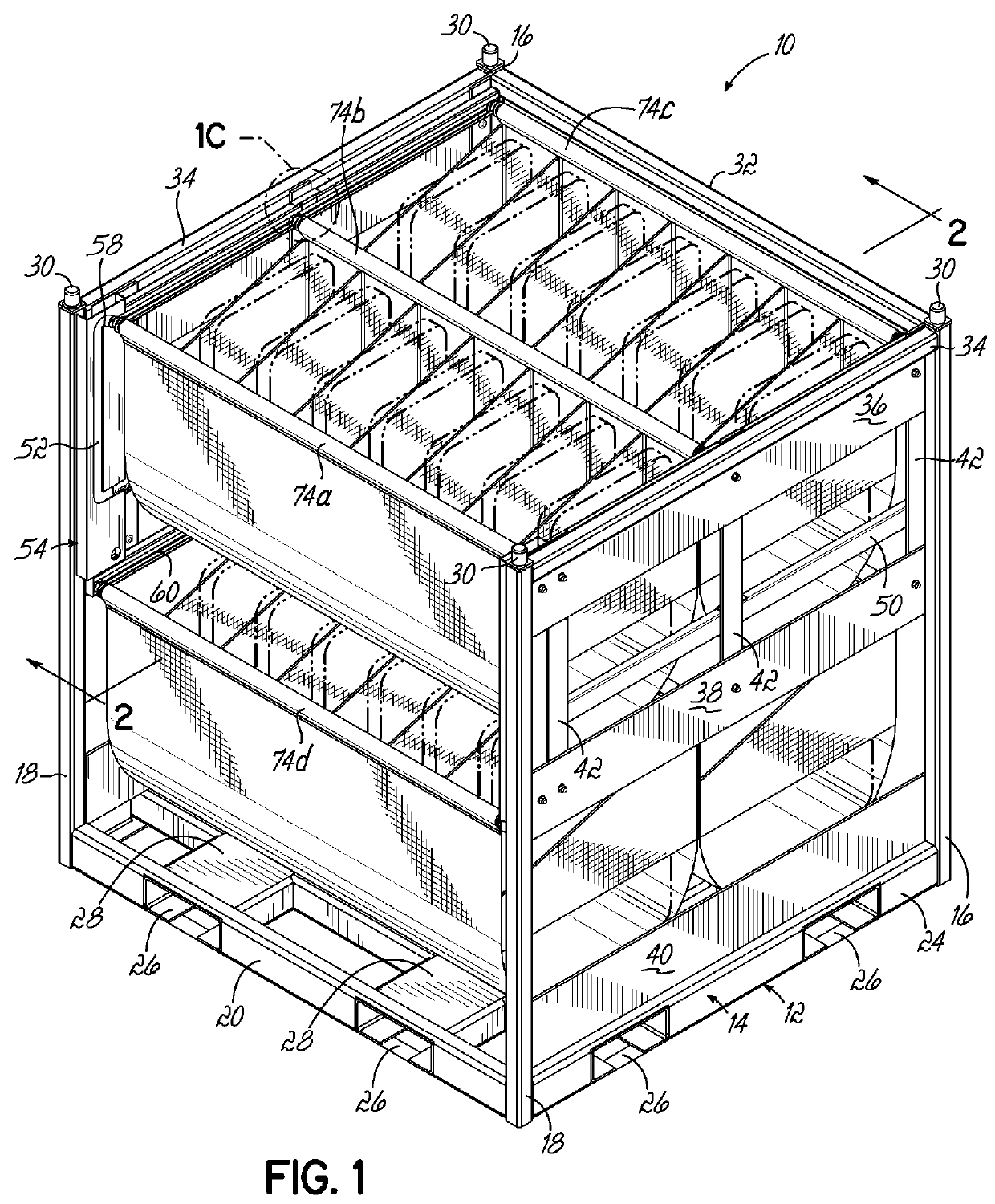 Container having multiple layers of tracks including at least one non-linear track