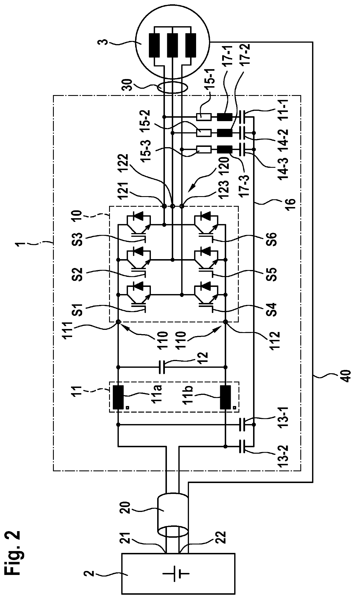 Voltage converter, electric drive system and method for reducing interference voltages