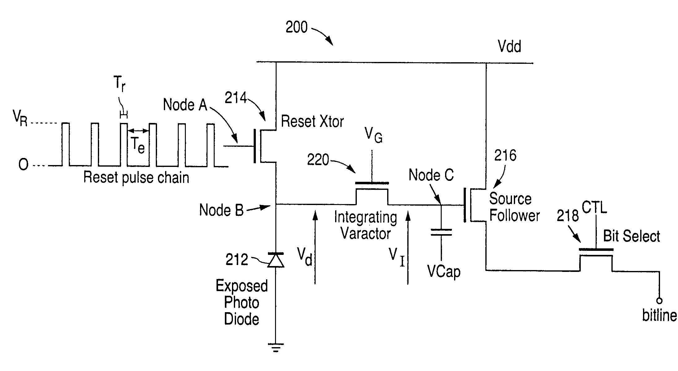 Active pixel sensor cell with integrating varactor and method for using such cell