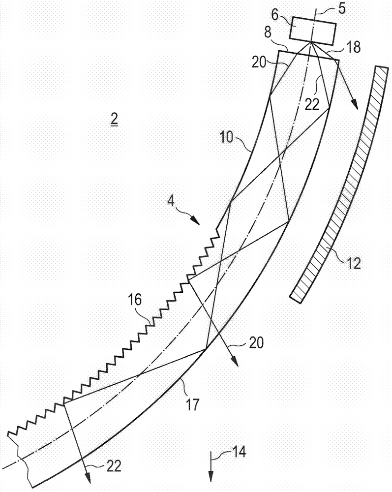 Light guide with decoupling portion and shield for collecting decoupled rays