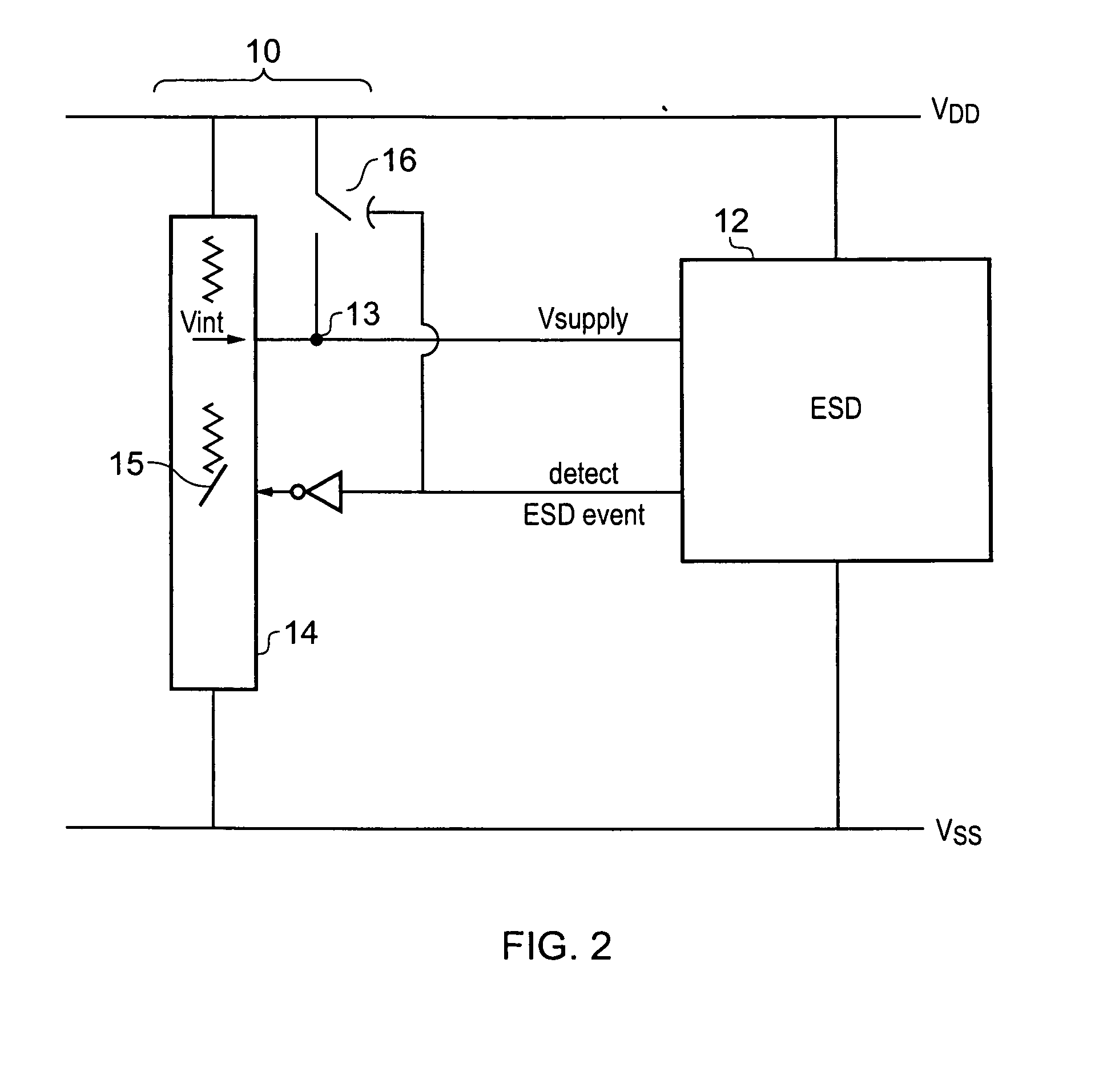 Electrostatic discharge protection device having an intermediate voltage supply for limiting voltage stress on components