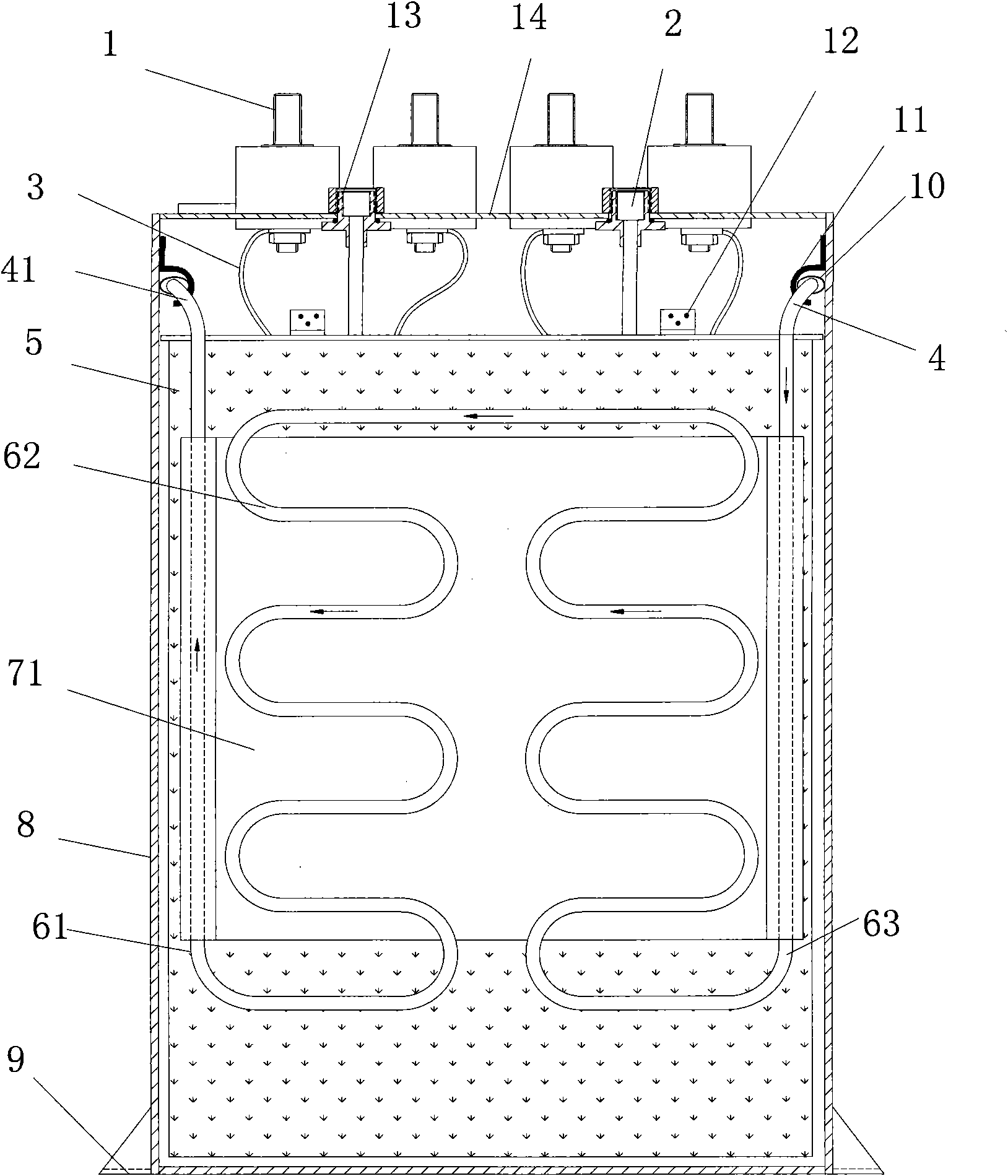 Oil-immersed water-cooled high-power electric and electronic capacitor