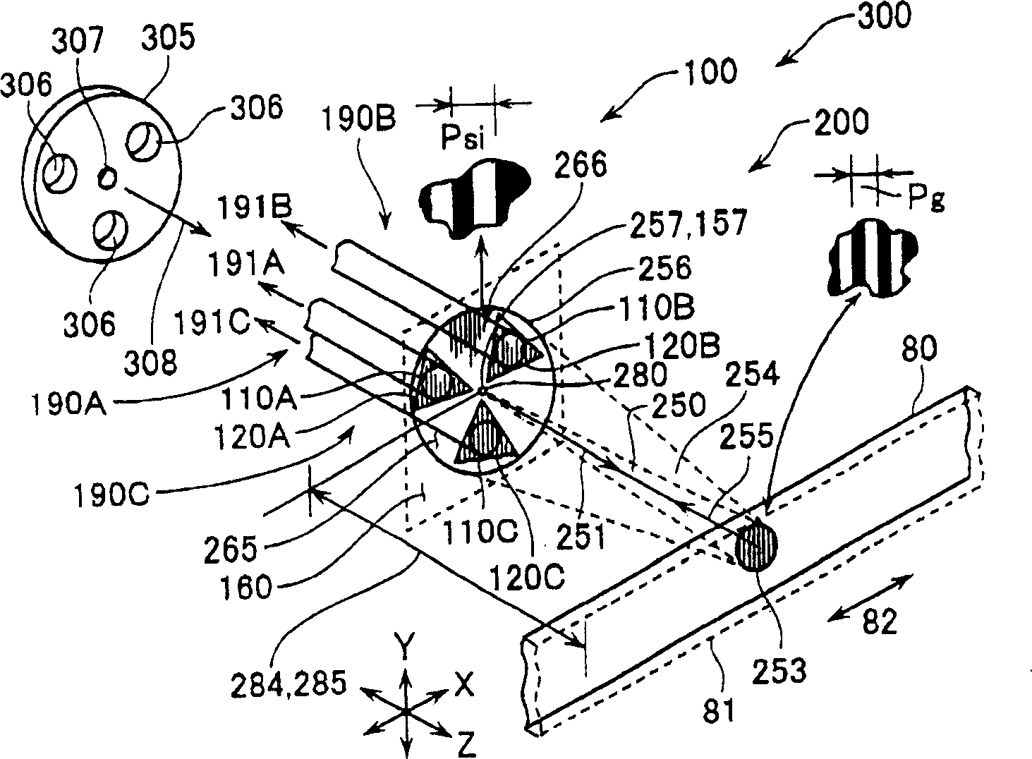 Raster code device and displacement measuring equipment using optical fibre receiver channel