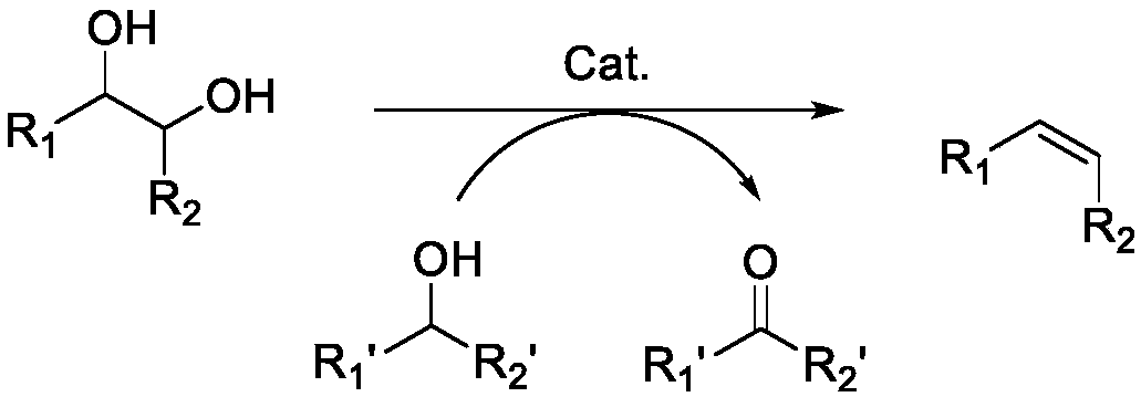 Method for preparing olefin by deoxidizing and dehydrating polyhydroxy compound by using alcohol as reducing agent