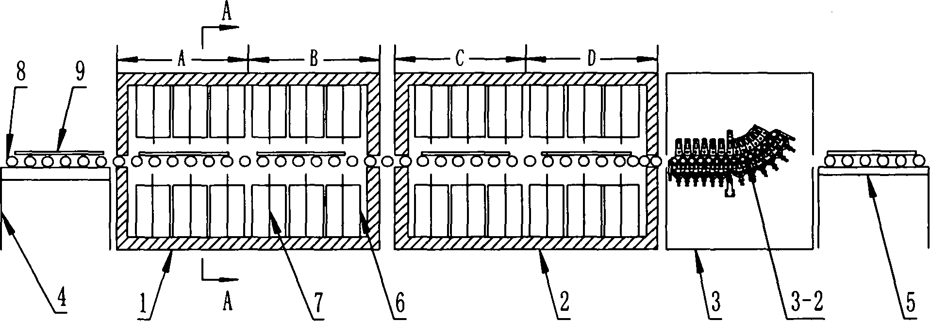 Double-chamber four-station glass bending and toughening device and control method thereof