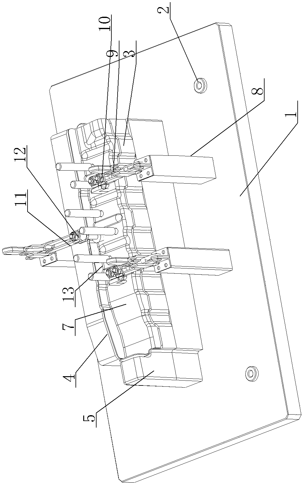 Checking fixture structure of front-wall middle side sheet metal component