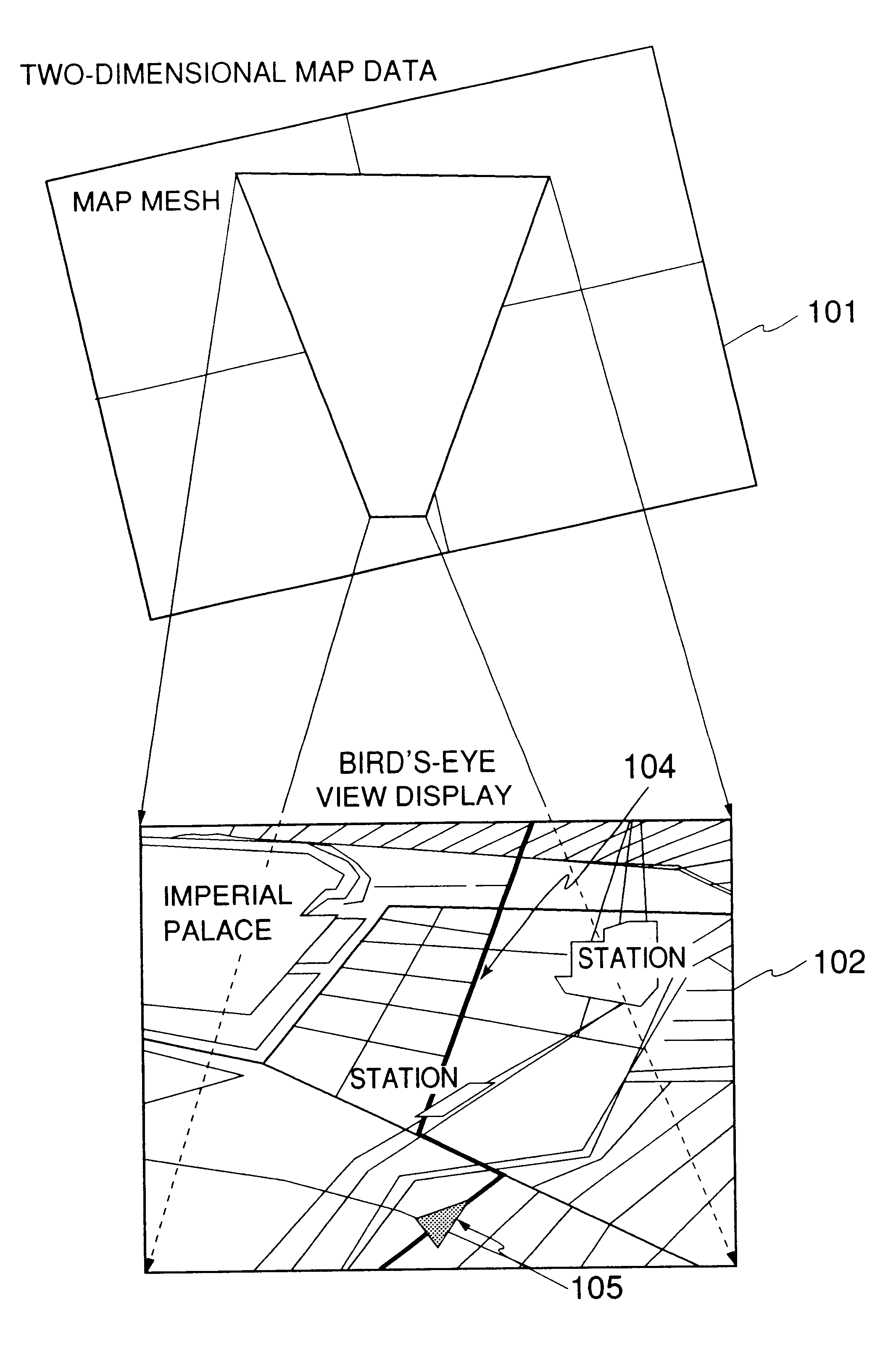 Bird's-eye view forming method, map display apparatus and navigation system