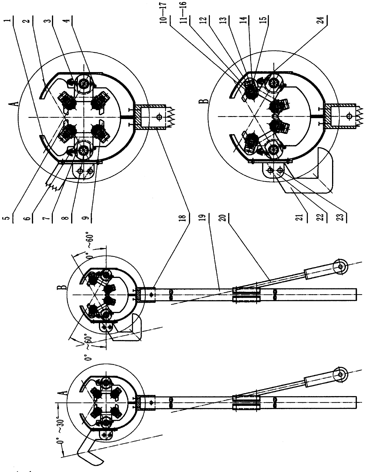 Pulling and cutting harvesting tool for breaking and stripping leaves of sugarcanes