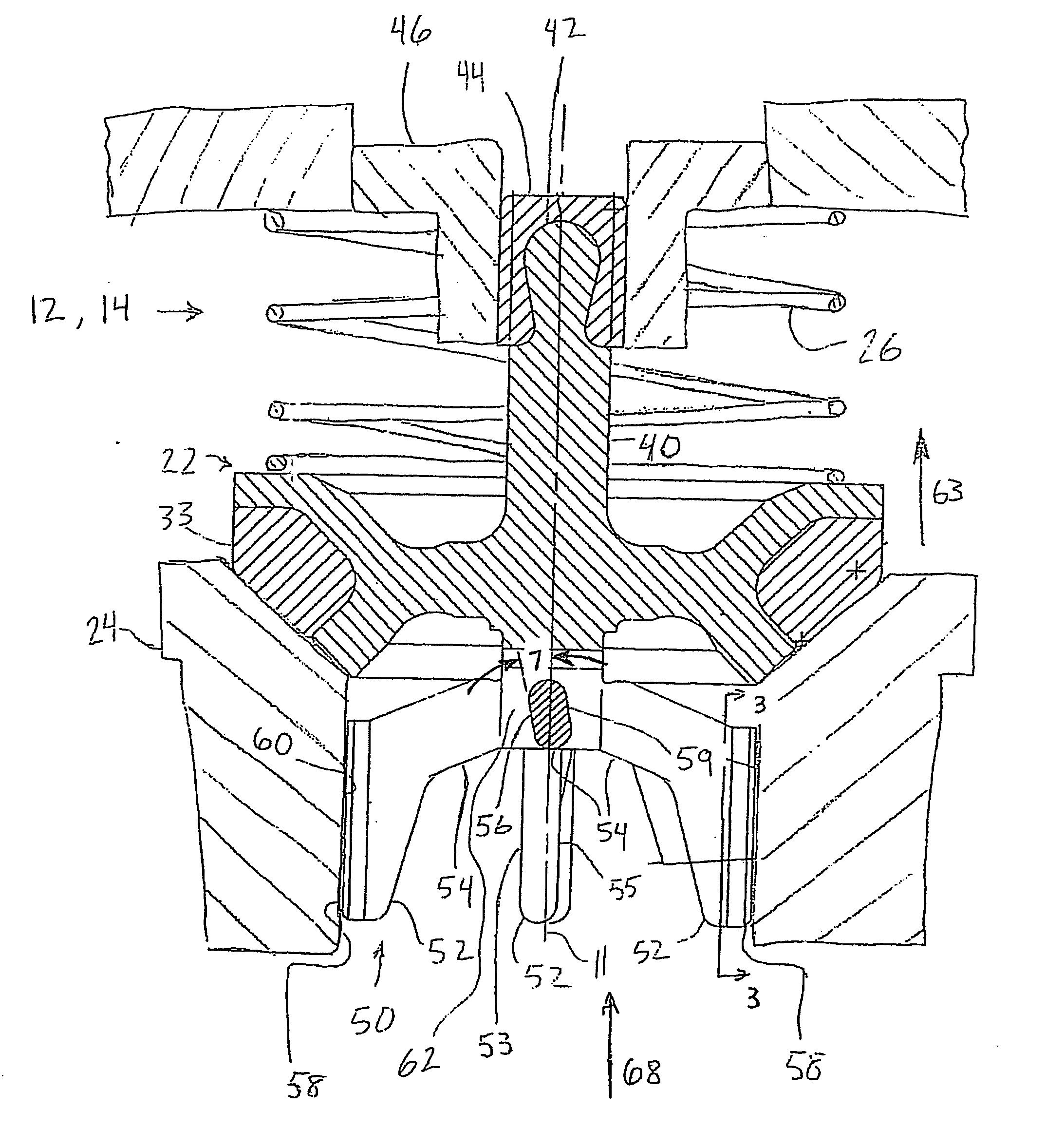 Valve assembly with angled valve guide