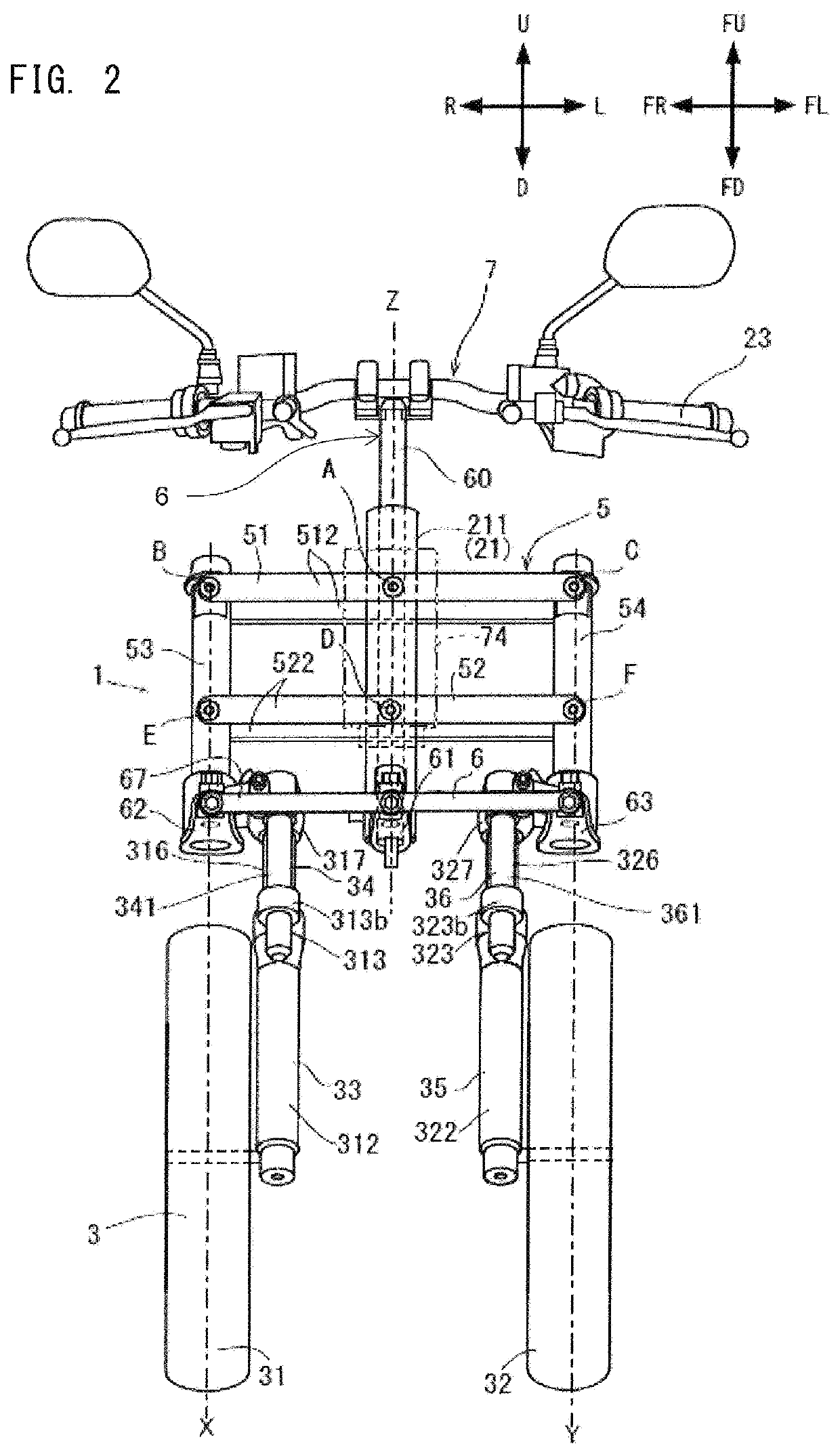 Two front wheel reverse steering leaning vehicle