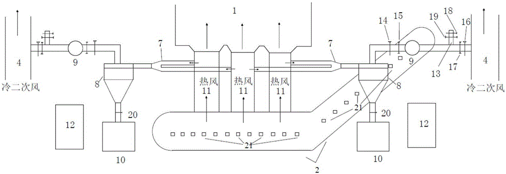 Device for recovering hot air of dry type slag removal machine and reducing disorganized air leakage of bottom of hearth and application thereof