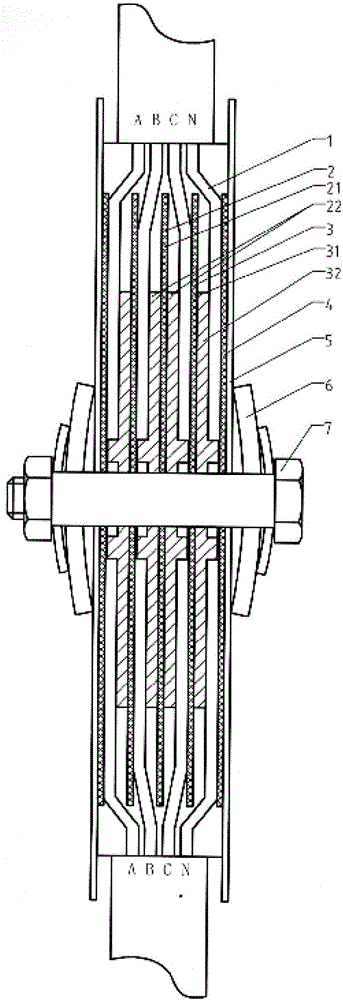 A butt joint connection device and method for a single-phase single-piece transition conductor of a bus duct joint