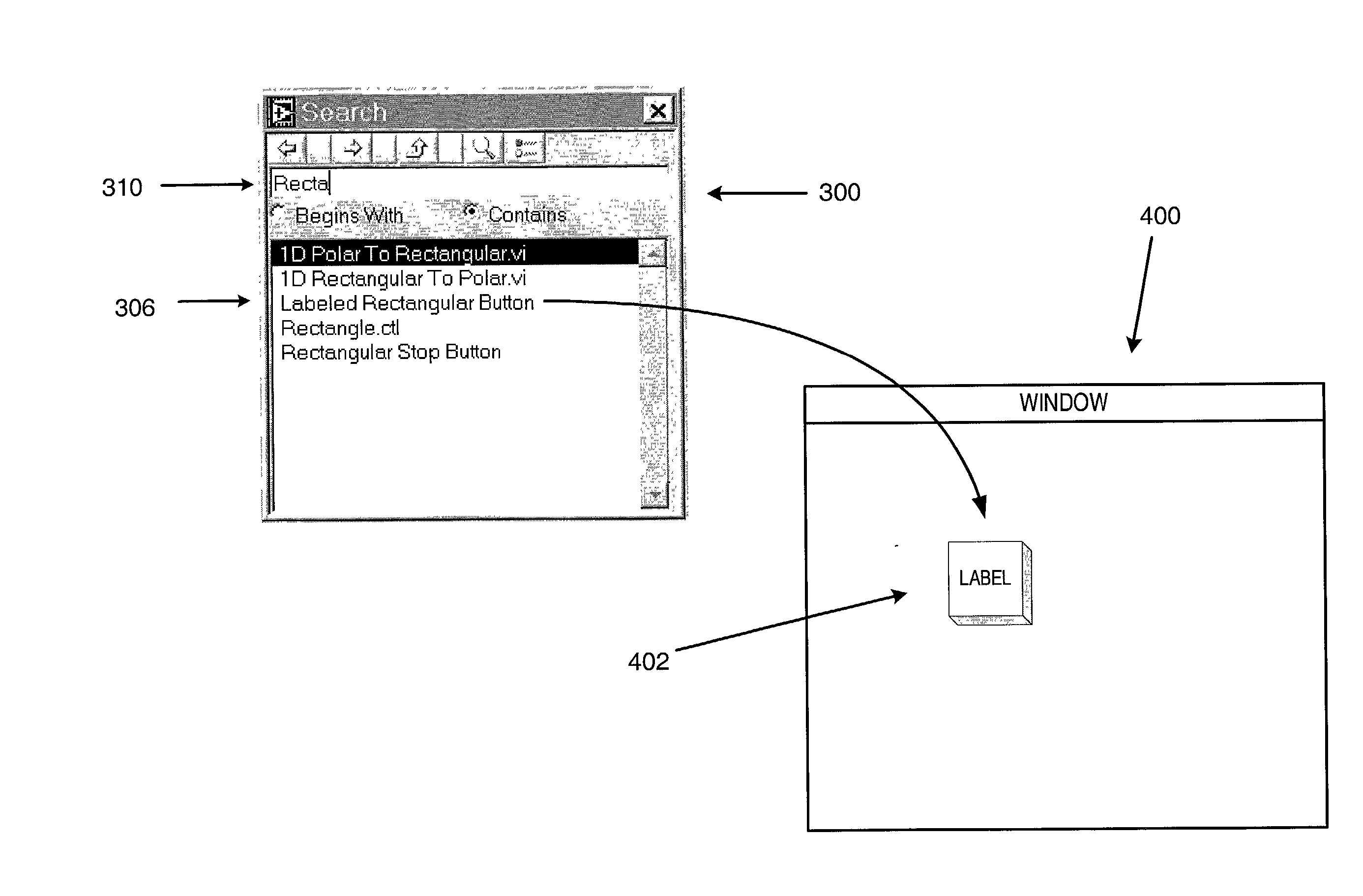 Graphical user interface including palette windows with an improved search function