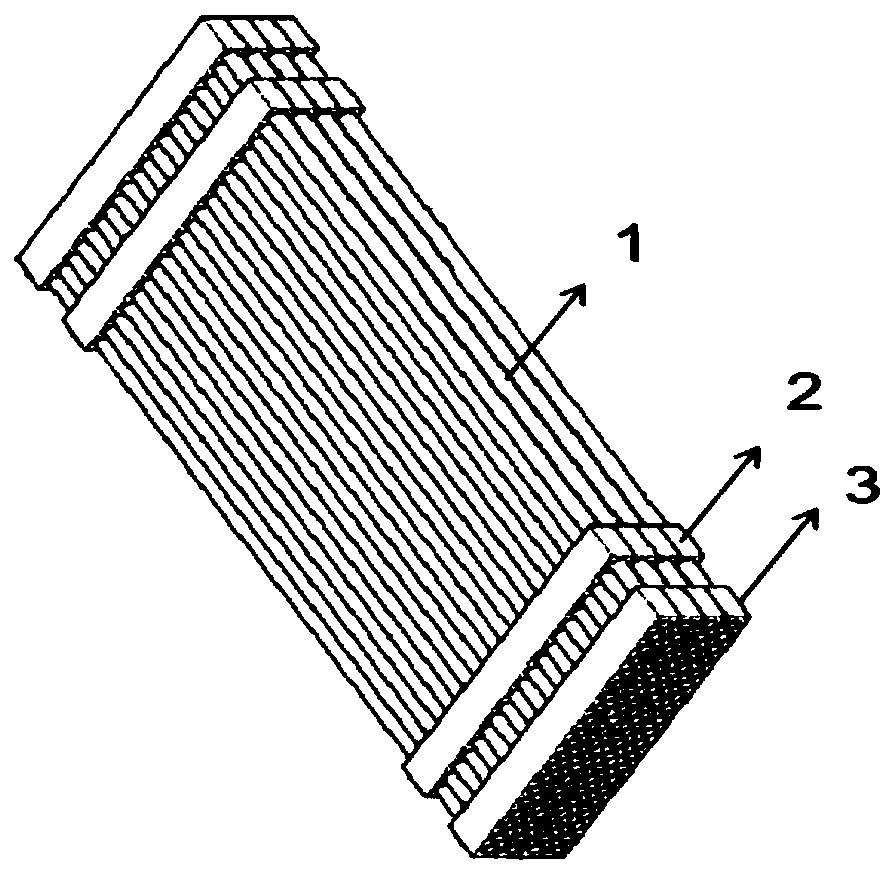 Laminated hollow fiber membrane element with equal membrane wire spacing and production method thereof