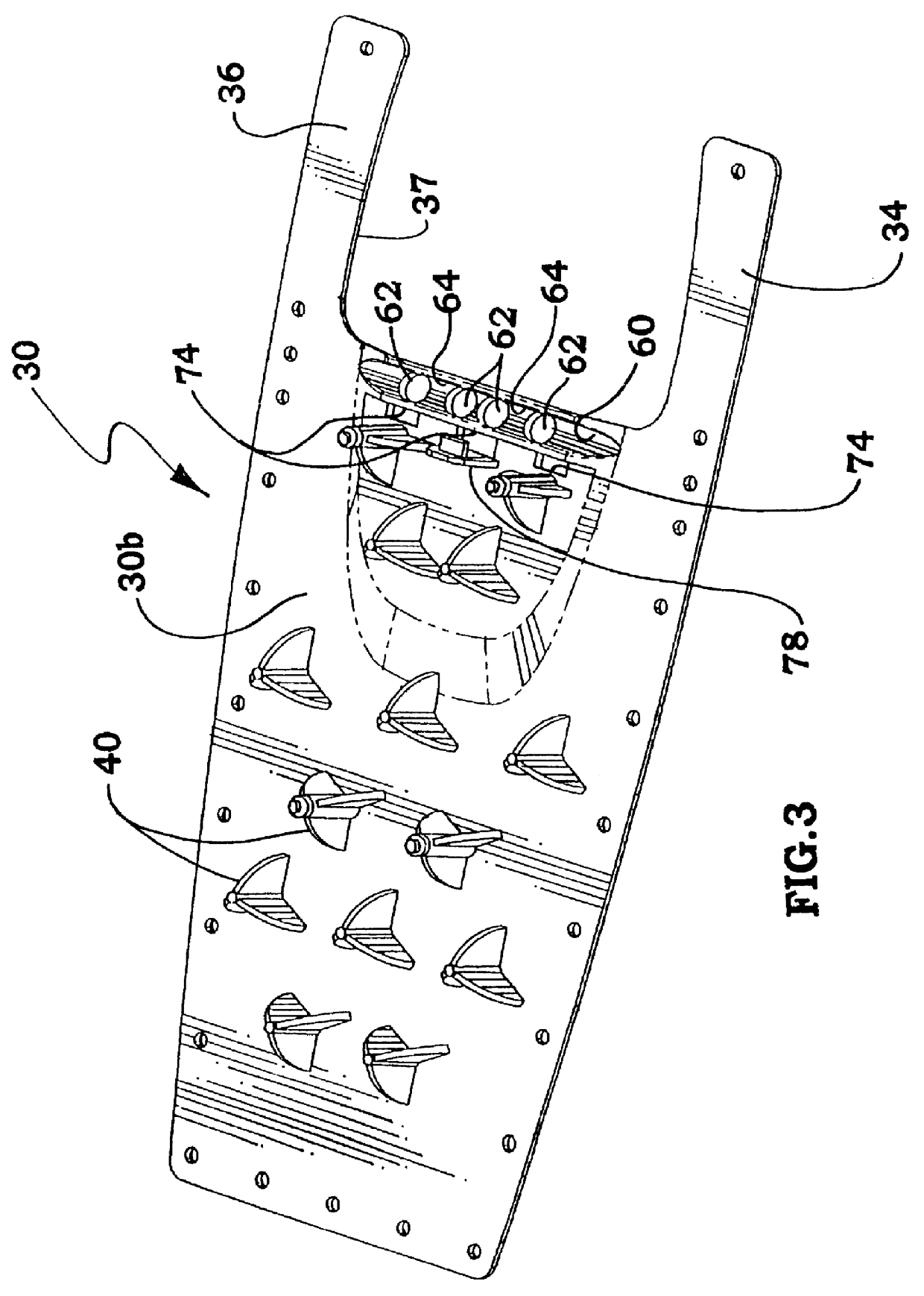 Snowshoe with pivotable harness hinged on a semi-rigid decking