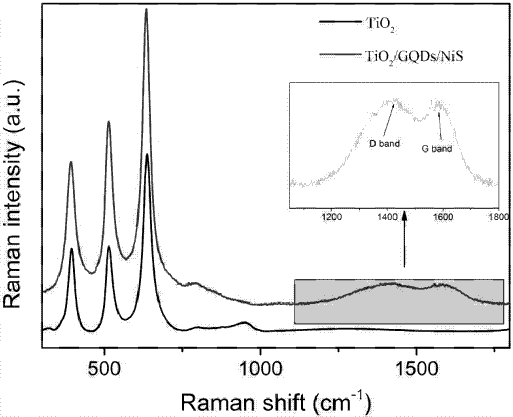 TiO2/GQDs/NiS heterojunction photoanode and preparation method thereof