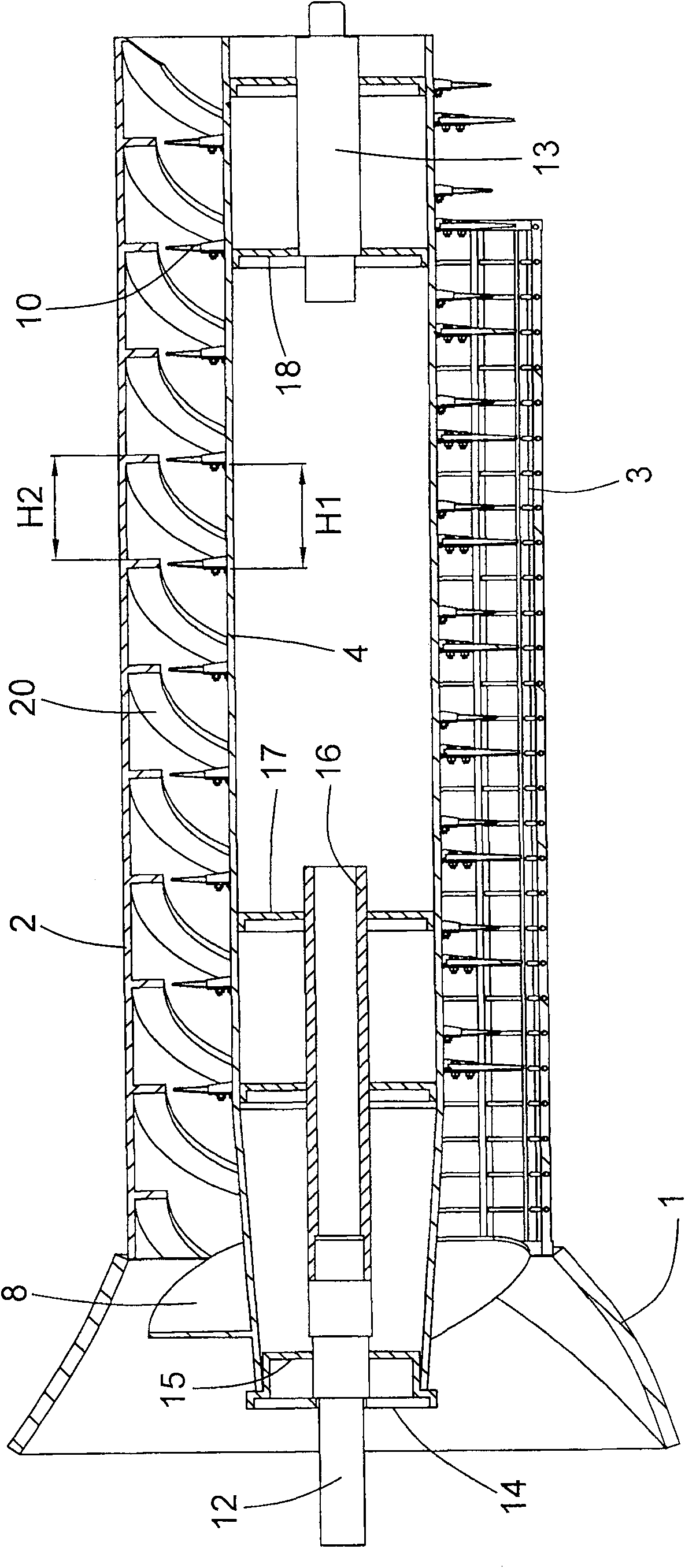 Grain threshing and separating device