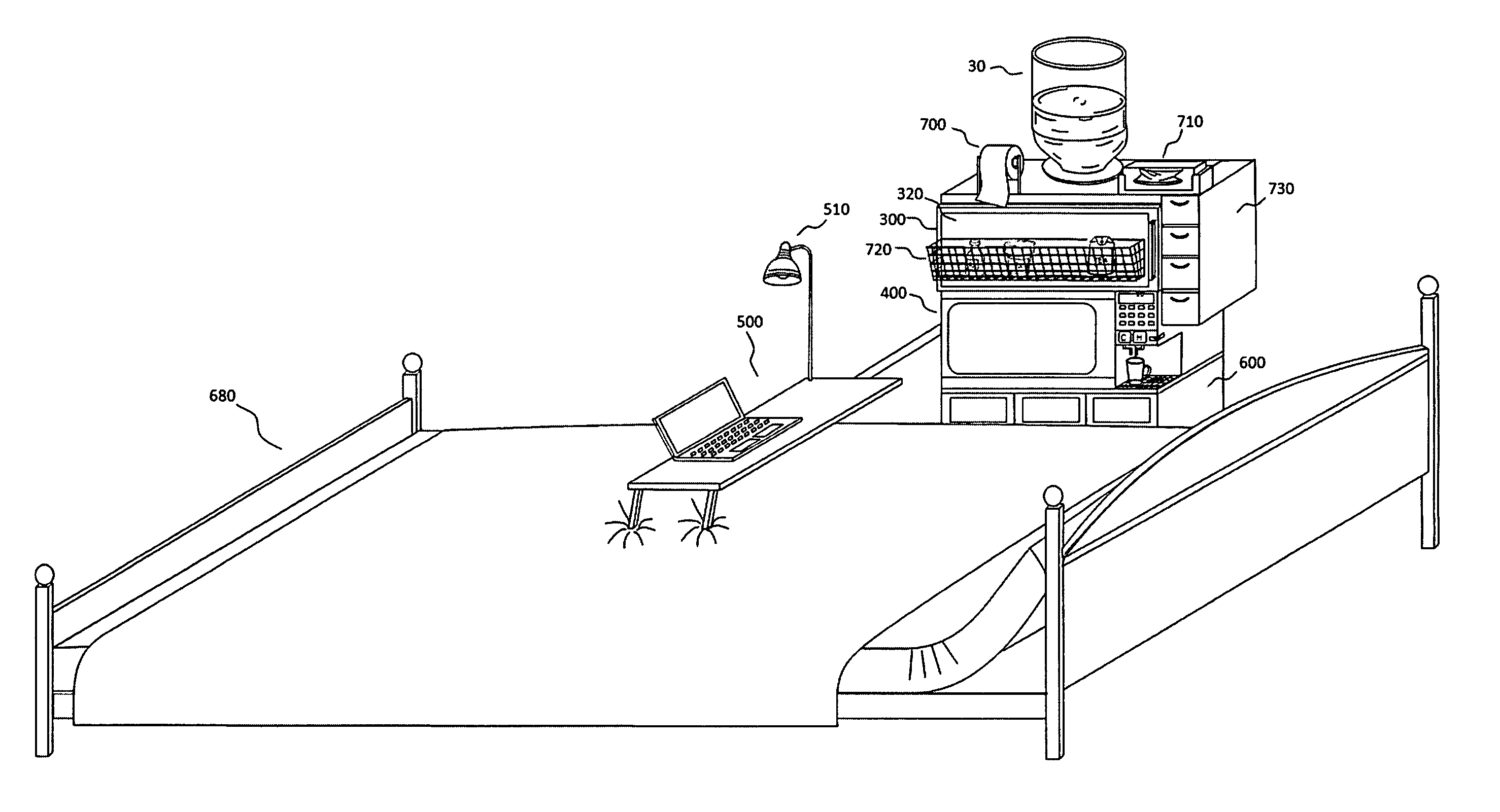 Portable appliance combining water dispenser, refrigerator, microwave, bed tray table and waste containers