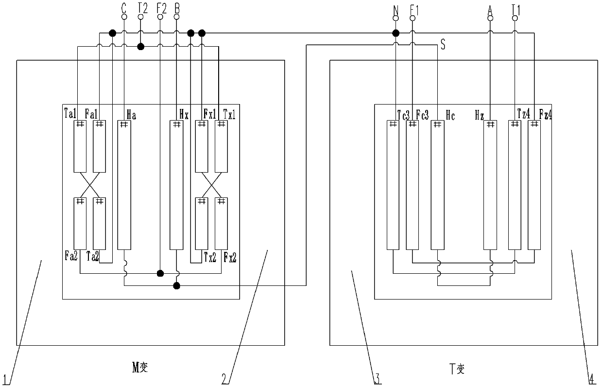 Traction transformer for Scott wiring