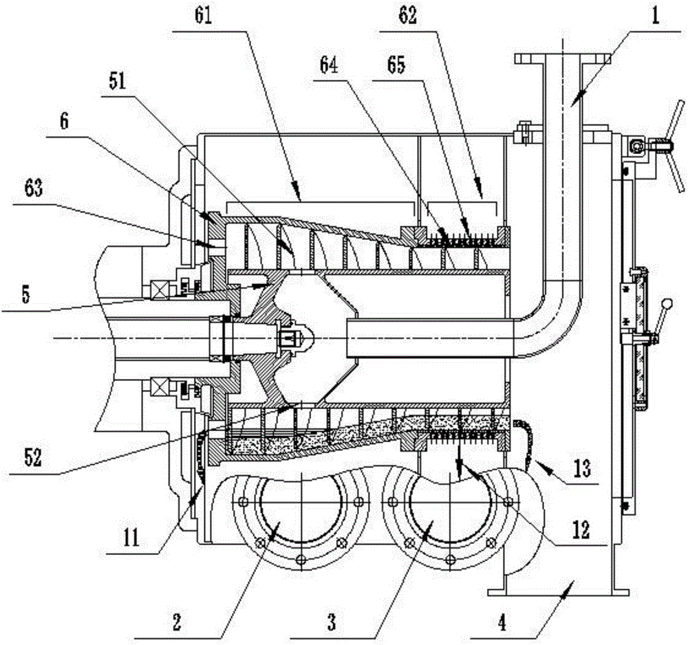 Horizontal type spiral settling and filtering centrifuge