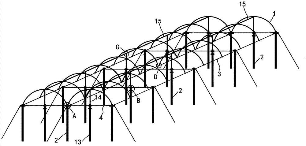 Agricultural greenhouse frame and its connecting device