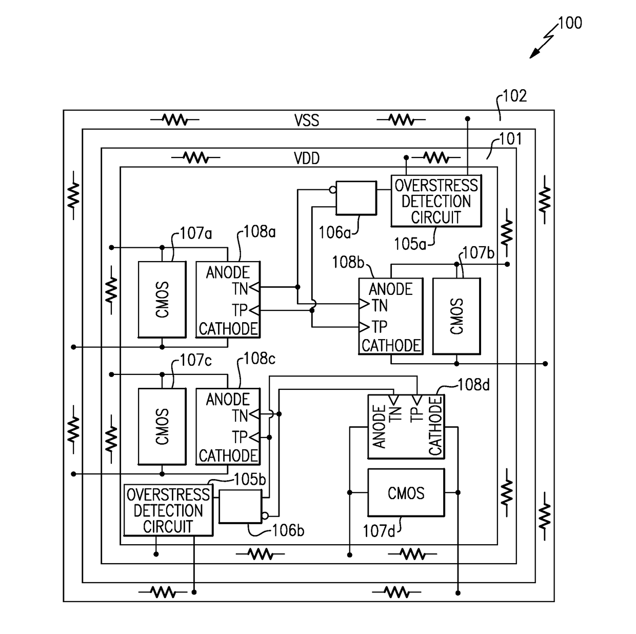 Distributed switches to suppress transient electrical overstress-induced latch-up