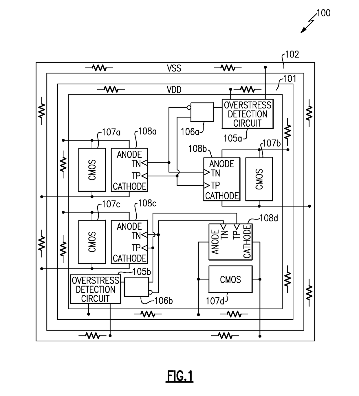 Distributed switches to suppress transient electrical overstress-induced latch-up