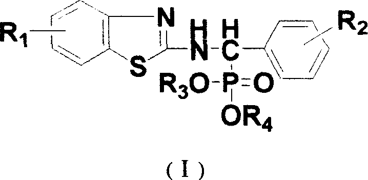 N-substituted benzothiazolyl-1-substituted phenyl-0, 0-dialkyl-alpha-amino phosphonate ester derivatives preparation and application