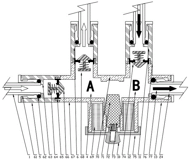 Electromagnetic three-path four-way valve for zero-discharge water purifier