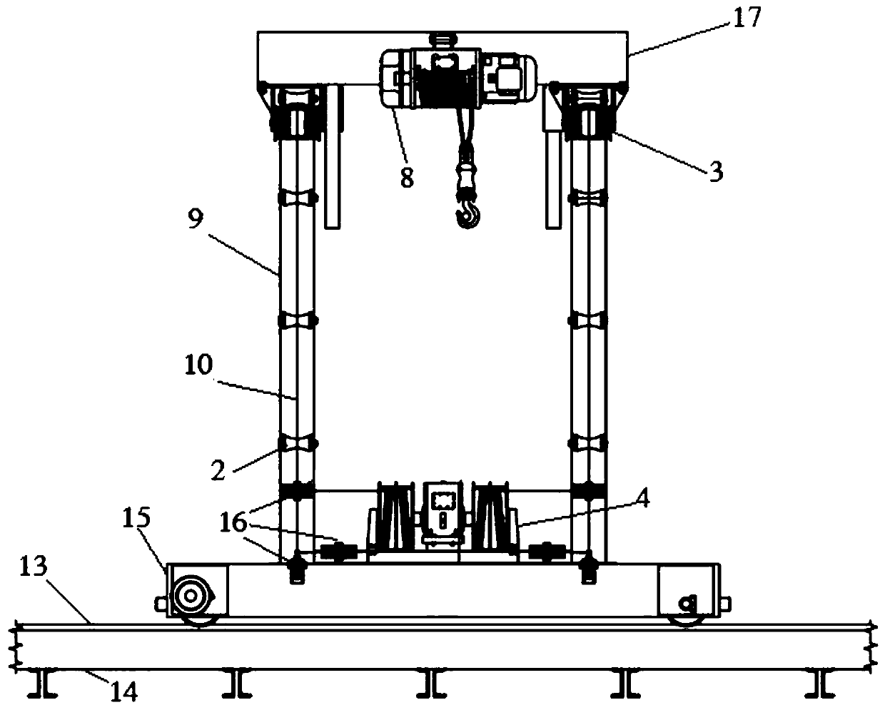 Double-arch-bridge type installation machine for railway tunnel formwork trolley