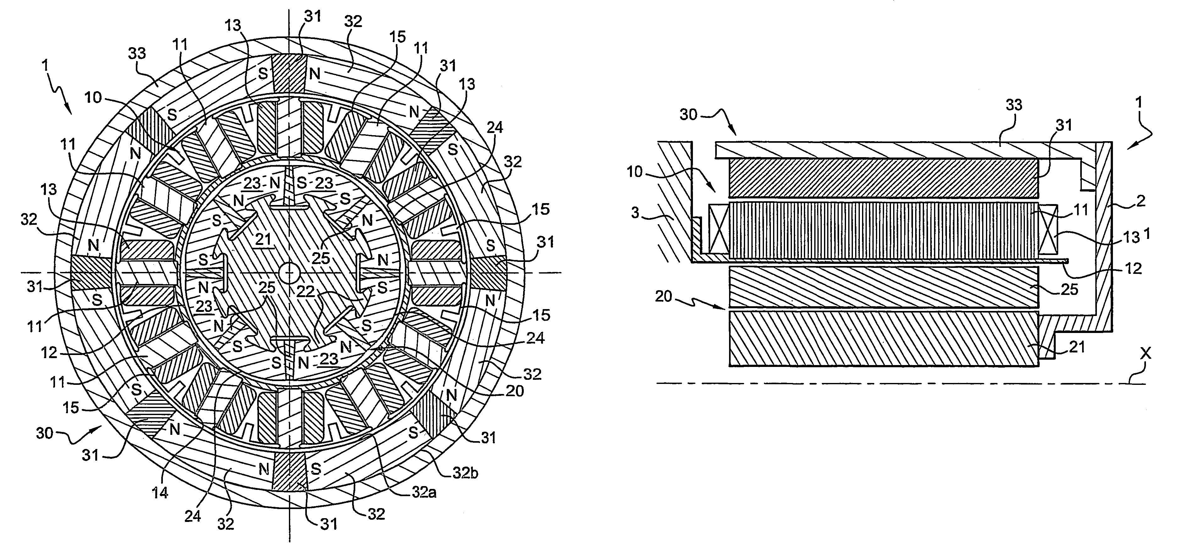 Rotary electric machine comprising a stator and two rotors