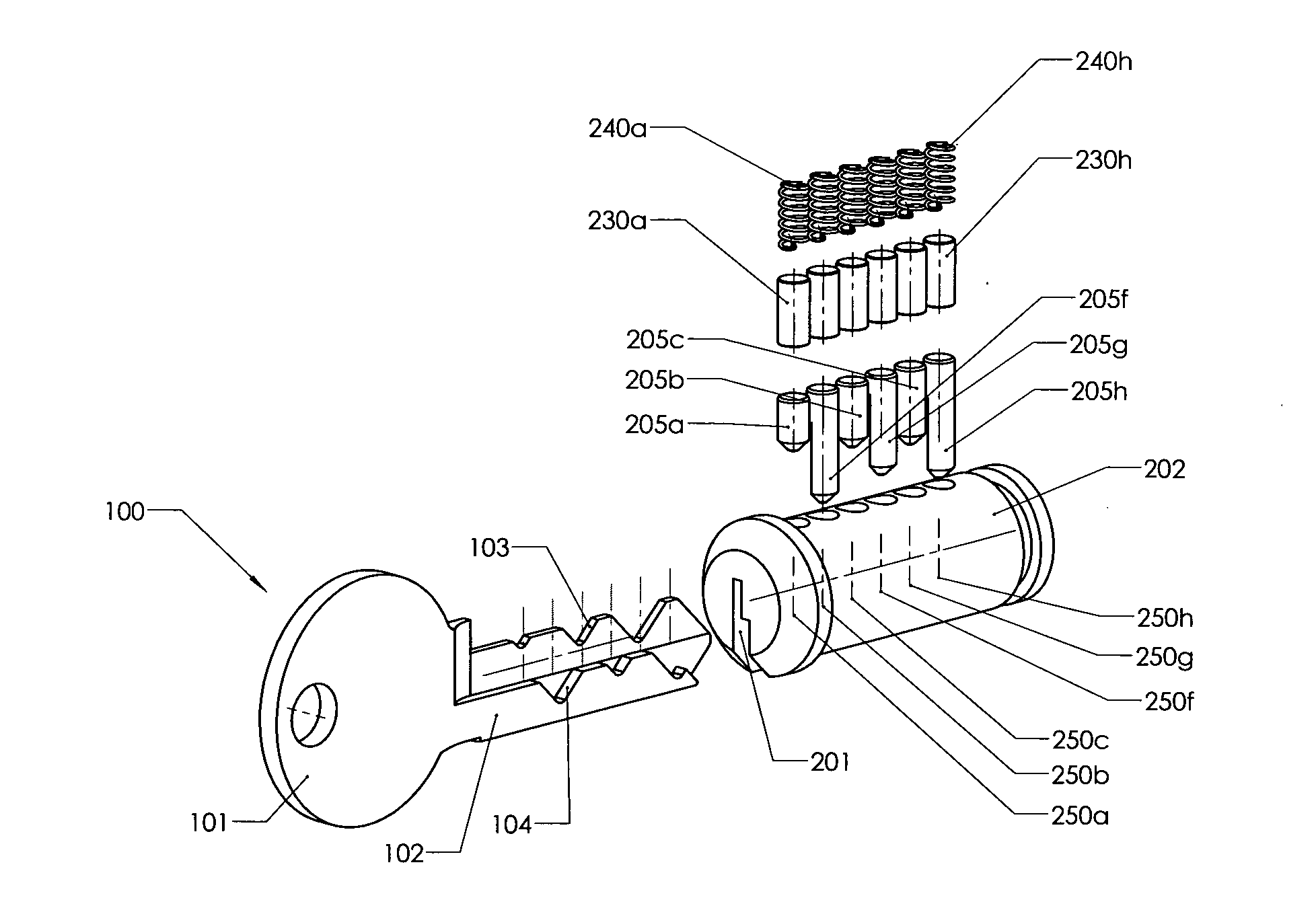 Lock and key combination with a large number of codes