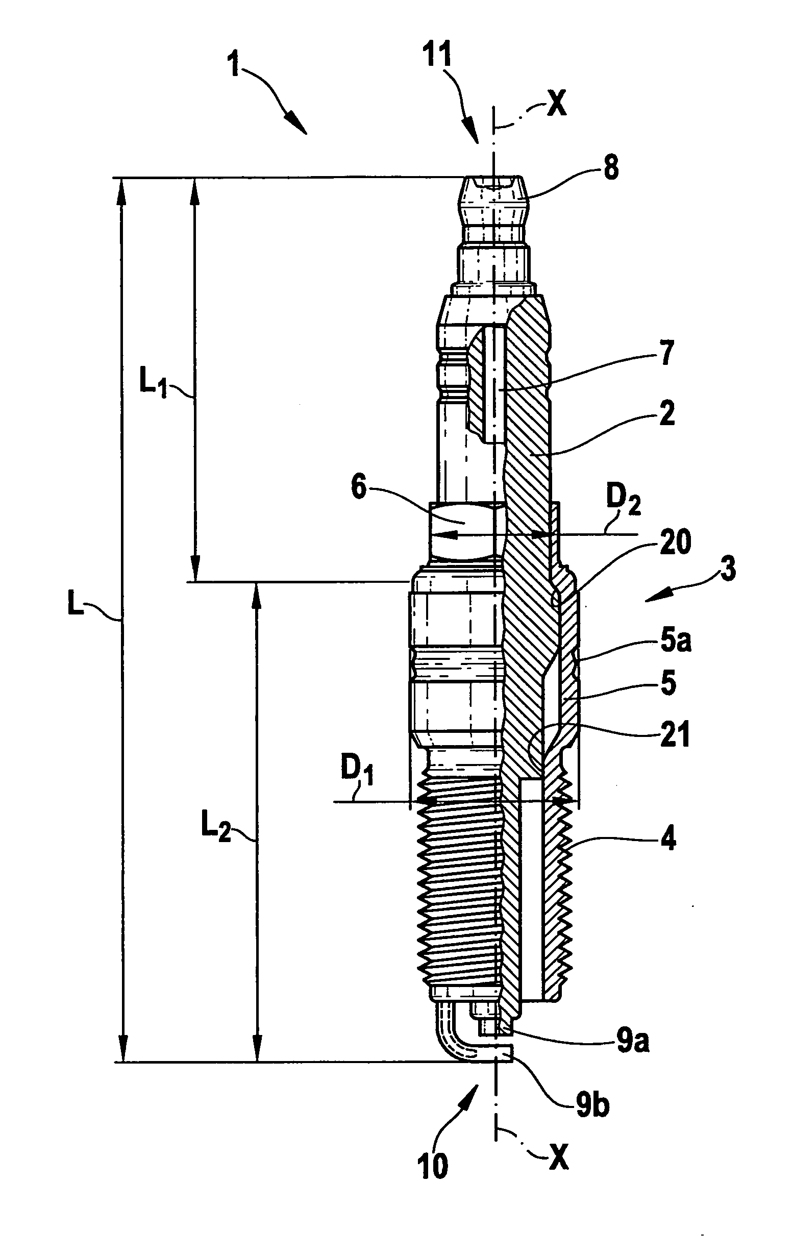 Spark plug having a reduced physical volume