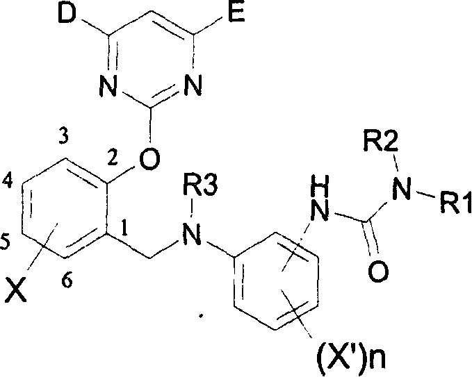 2-pyrimidine oxy-n-ureido phenyl-benzyl amide compound, preparing method and use thereof