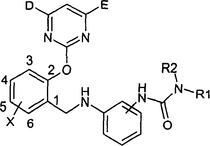 2-pyrimidine oxy-n-ureido phenyl-benzyl amide compound, preparing method and use thereof