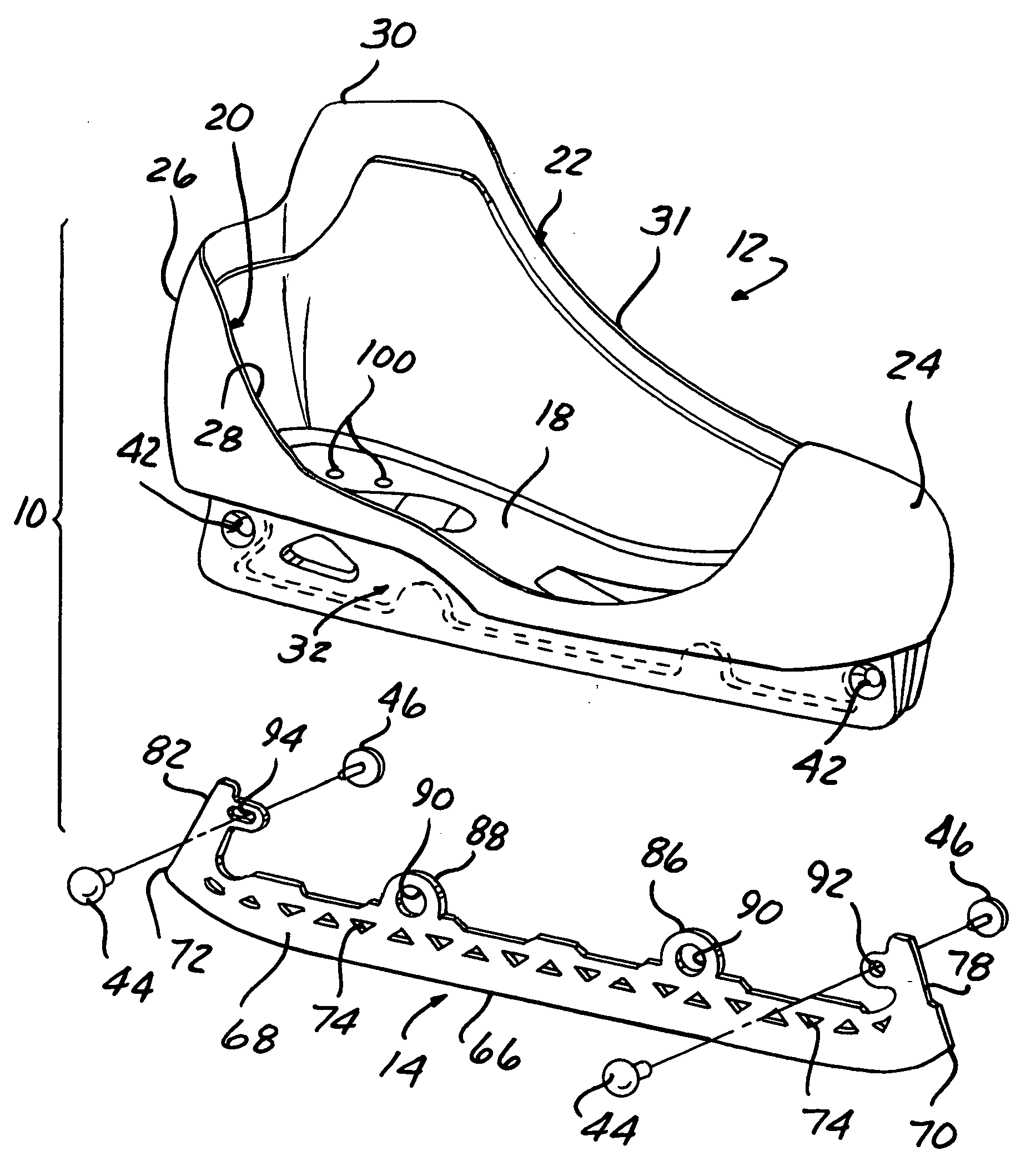 Goalie skate protective shell with removable blade