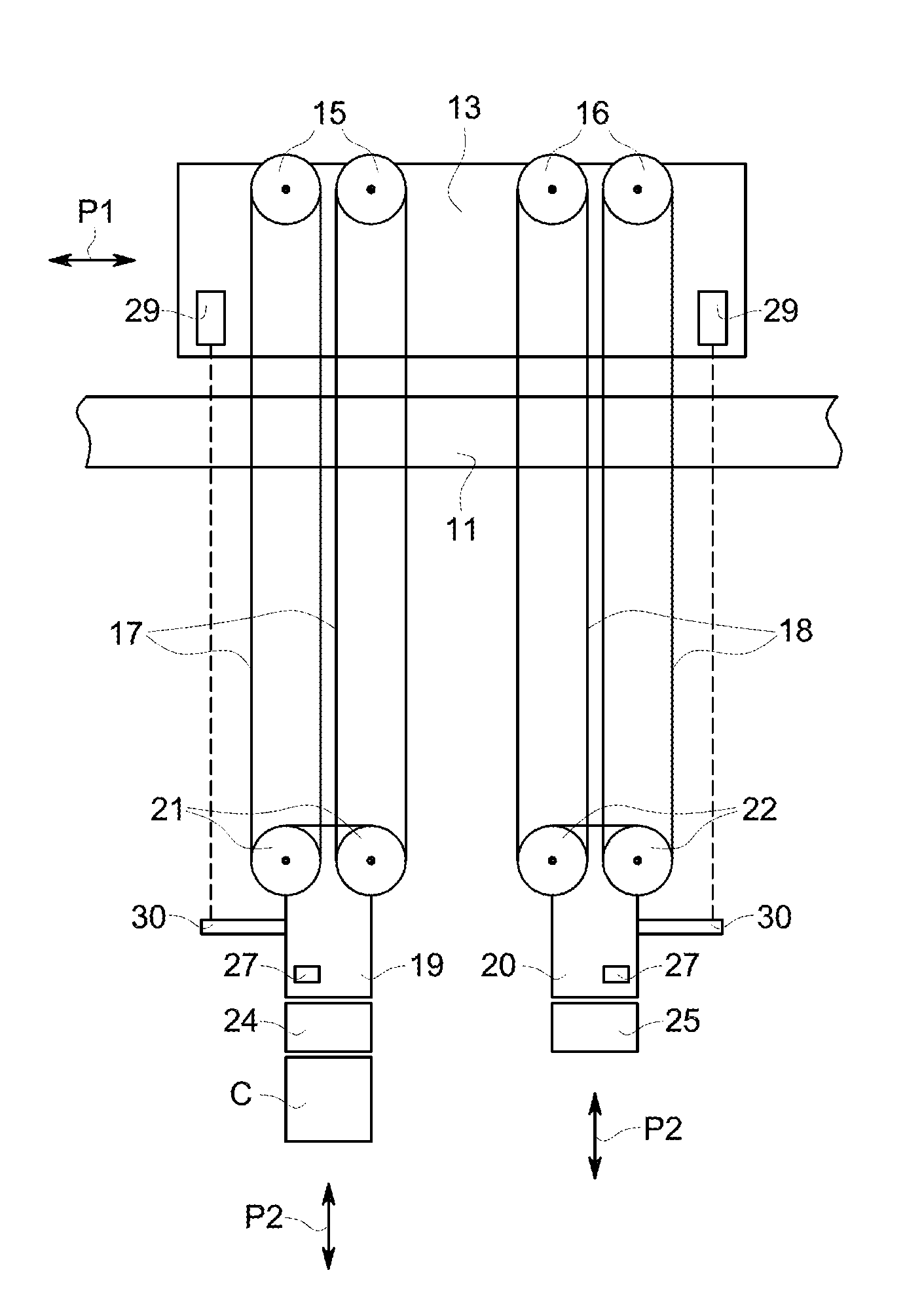 Unloading device for containers and method for operating them