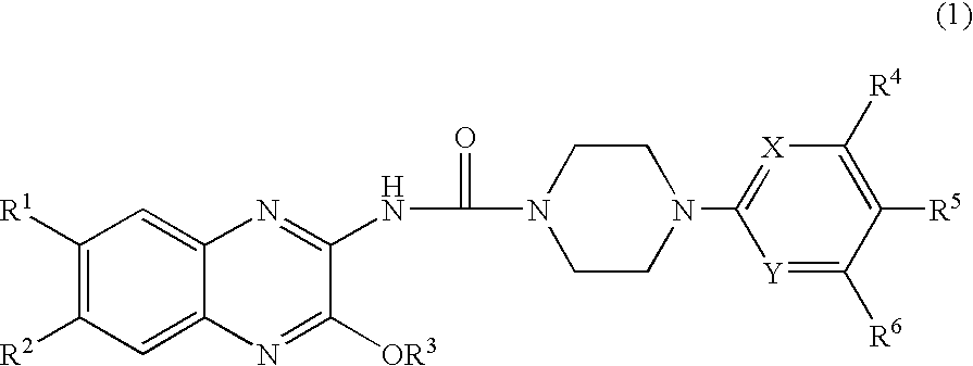 1-[6,7-substituted alkoxyquinoxalinyl)aminocarbonyl]-4-(hetero)arylpiperazine derivatives