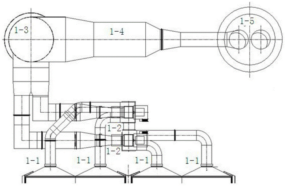 Combined arrangement structure of four outlets of dust remover and rear smoke and air systems of two rows of induced draft fans for power plant