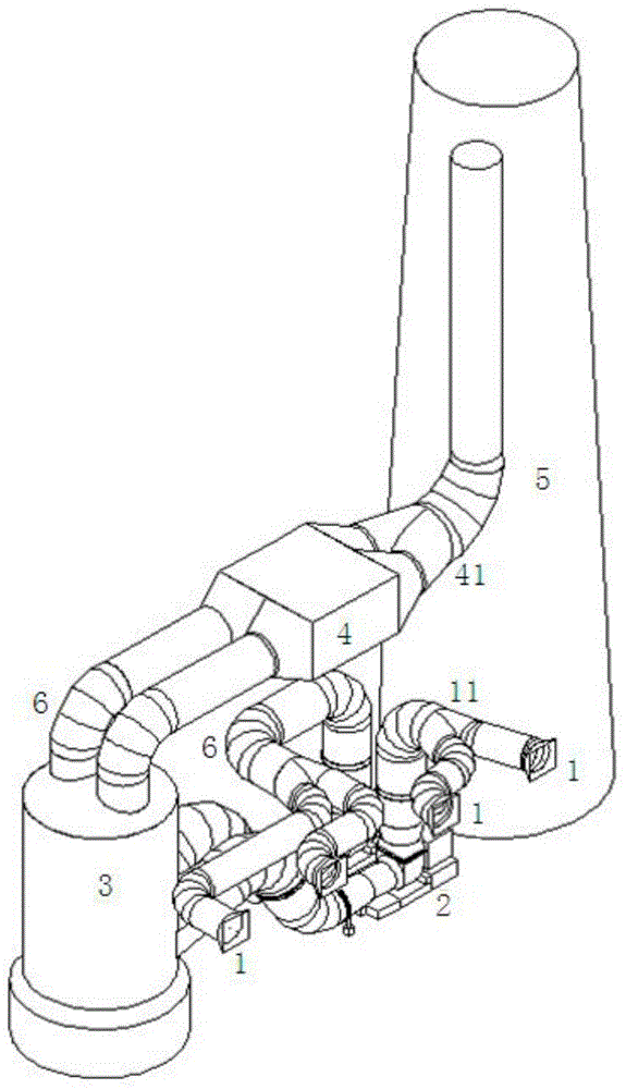 Combined arrangement structure of four outlets of dust remover and rear smoke and air systems of two rows of induced draft fans for power plant