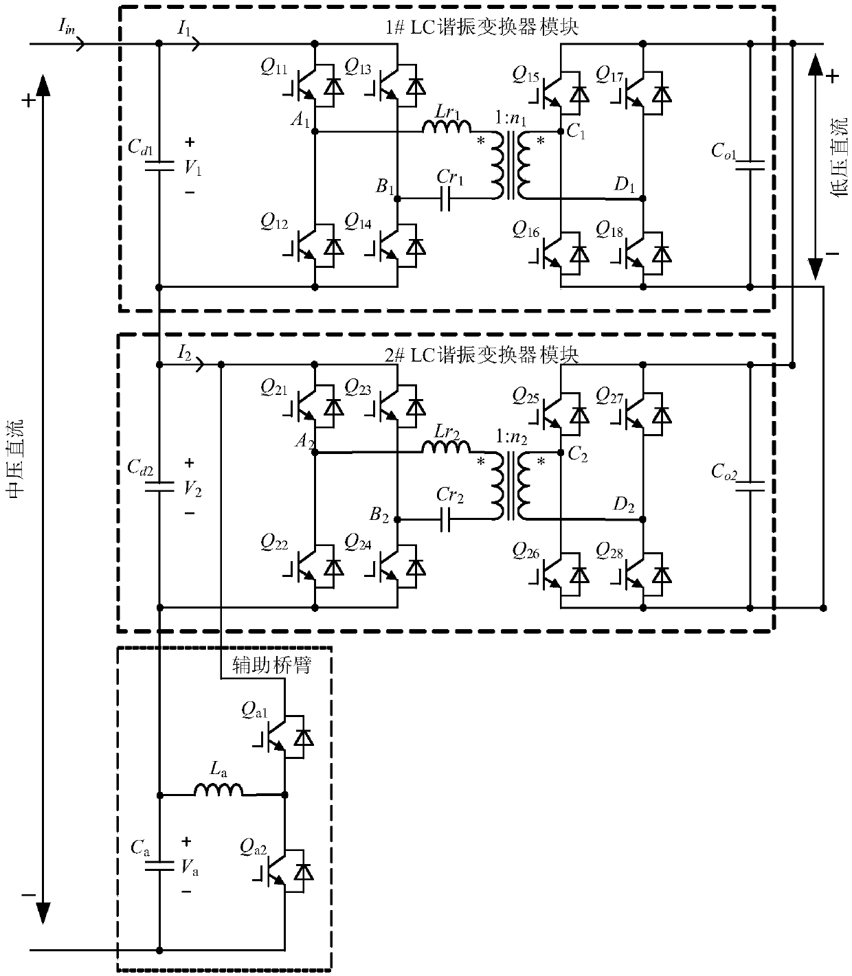 LC input series connection output parallel connection direct current transformer with power capable of being adjusted and control method thereof