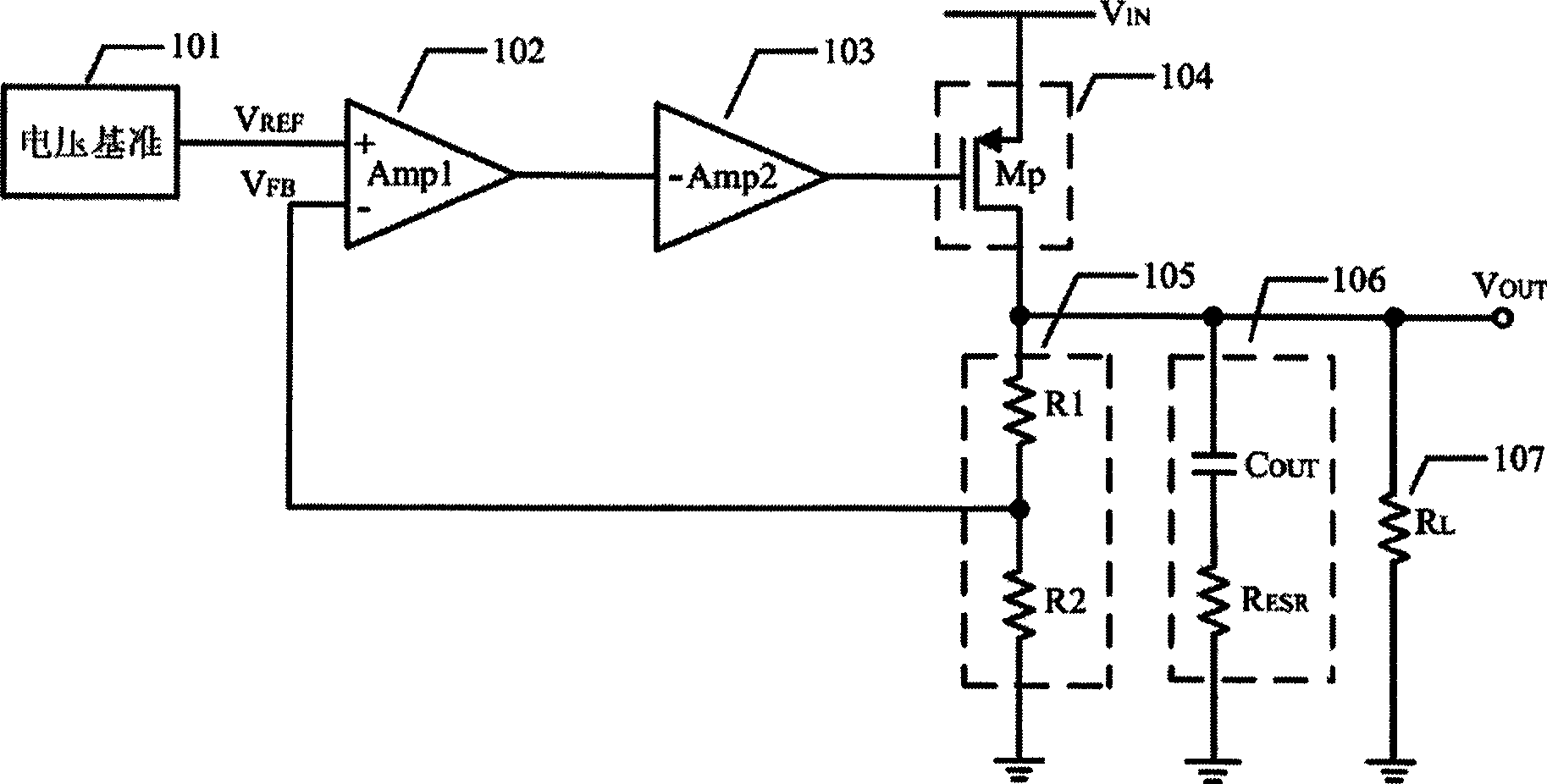 Low pressure difference linearity voltage stabilizer for enhancing performance by amplifier embedded compensation network