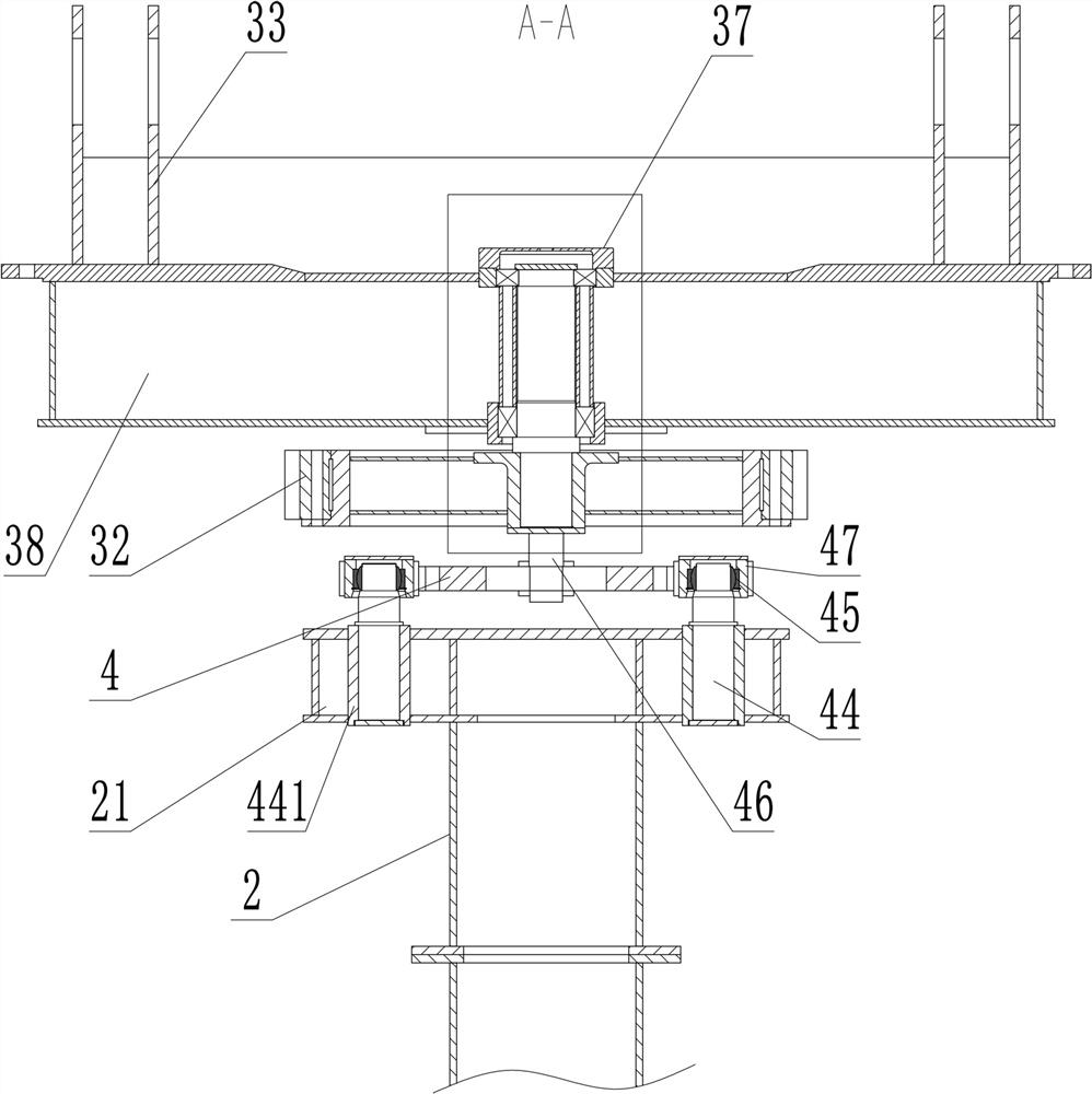 Discharging arm slewing mechanism for wheel bucket excavator