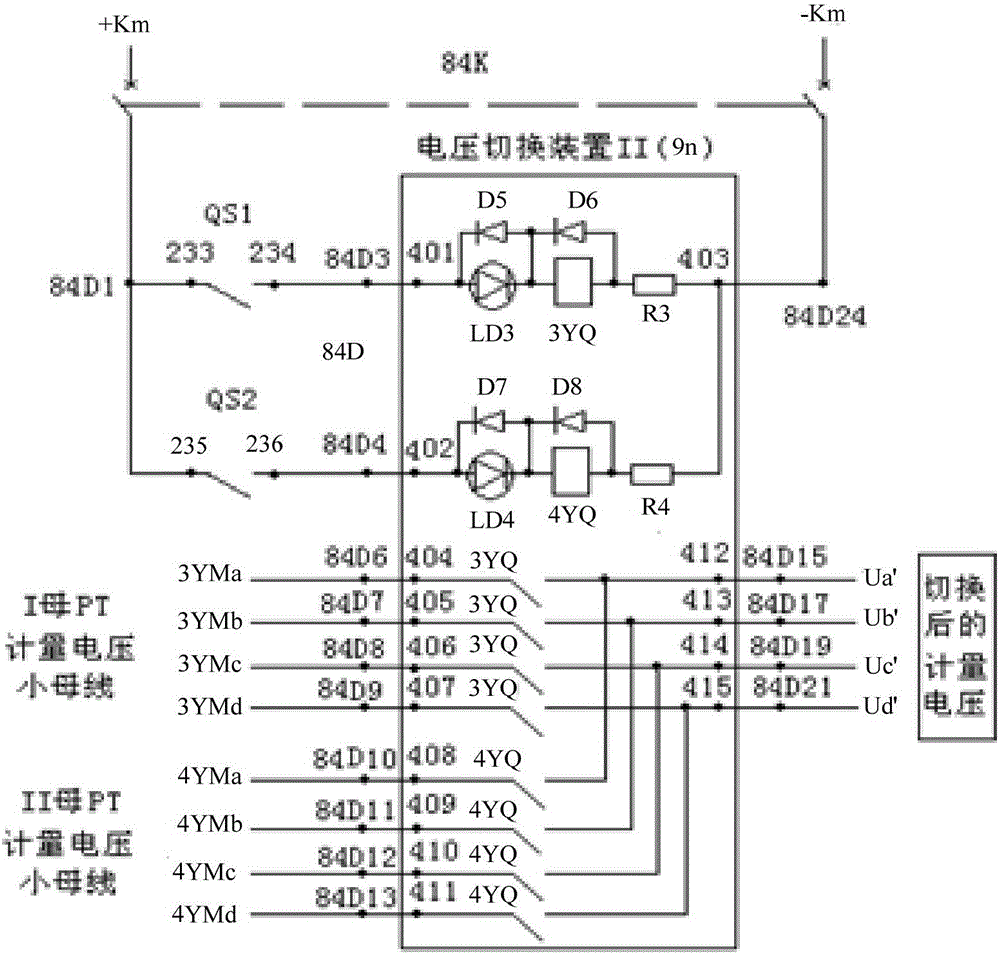 Double bus-powered PT secondary voltage switching circuit and protection circuit thereof