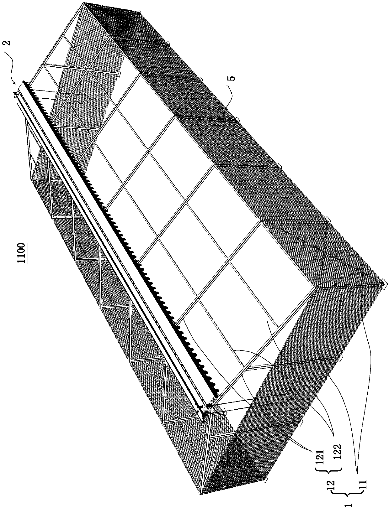 Shed frame structure with openable ceiling, openable ceiling and mounting method of shed frame structure with openable ceiling