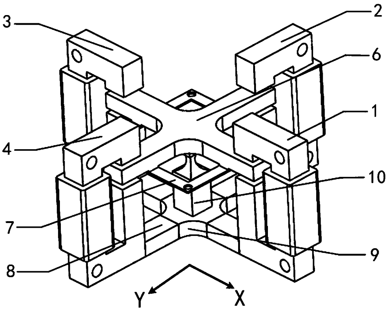 Two-dimensional linear moving iron micro-angular displacement electromagnetic actuating device and its actuating method