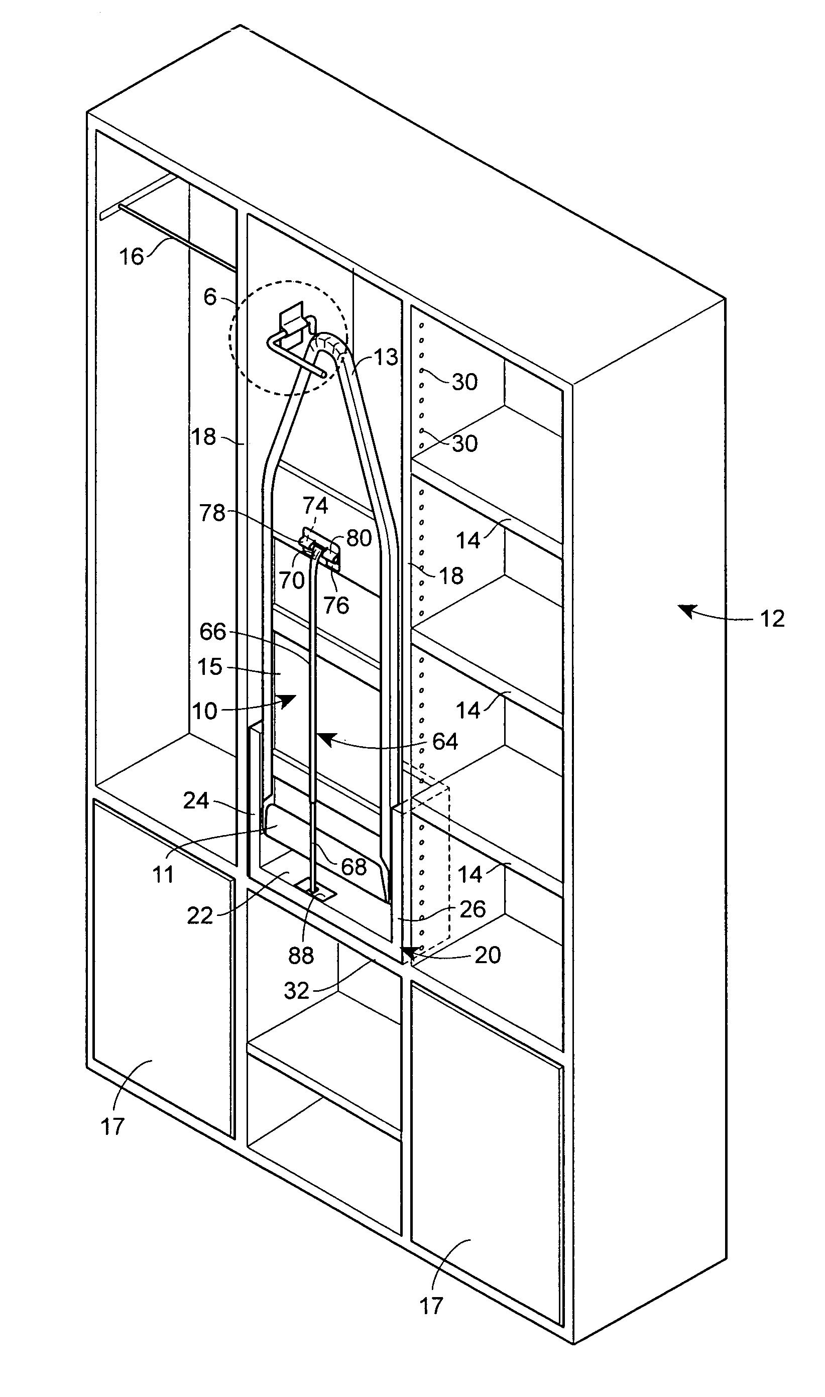 Stowable ironing board installation providing increased storage capacity