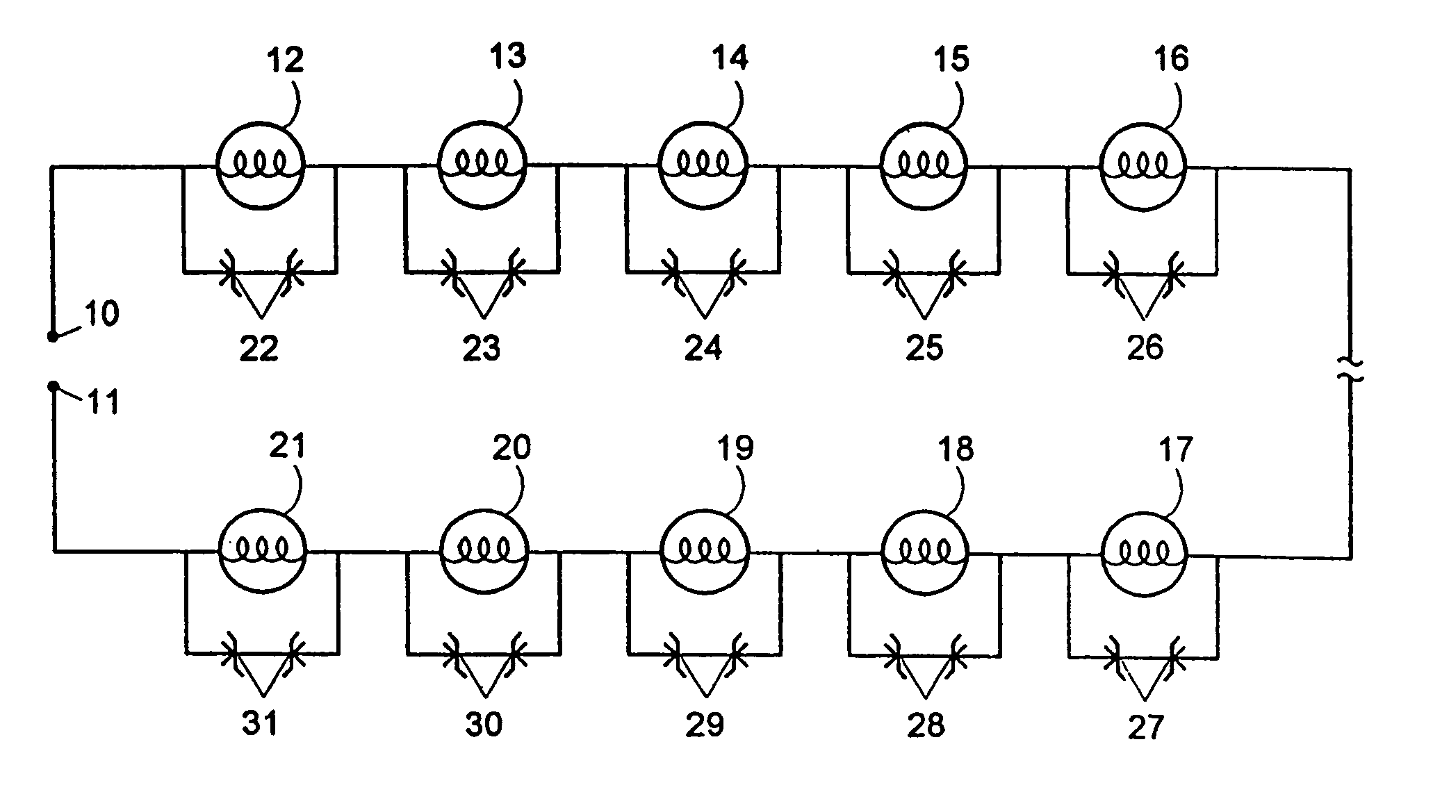 Series connected light string with filament shunting